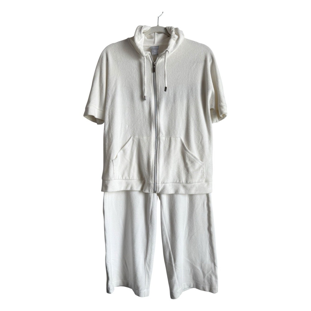 Chicos Zenergy White Velour Lounge Set Short Sleeve Zip Hoodie Wide Crop Pants S